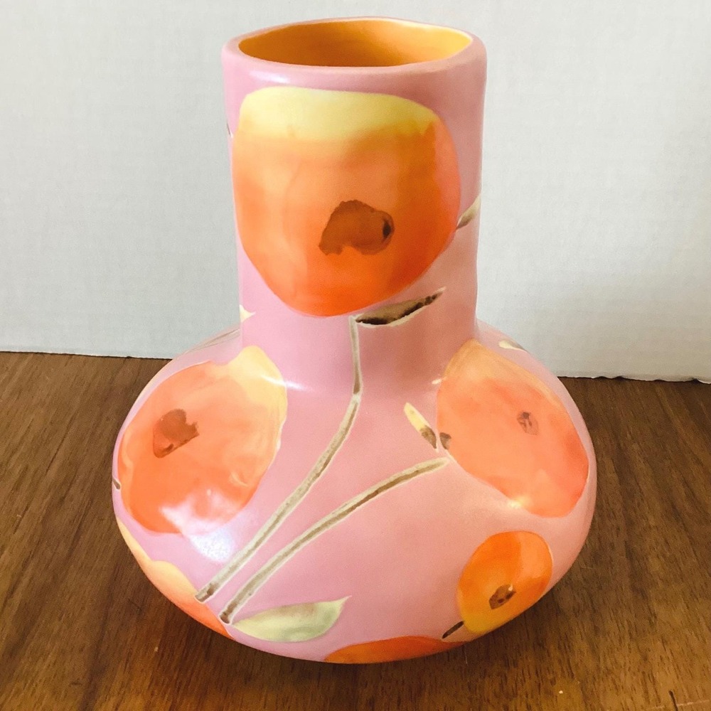 Anthropologie Benni Kenny A Sunday Painter Pink Floral Ceramic Vase Gold Accents - Picture 2 of 9